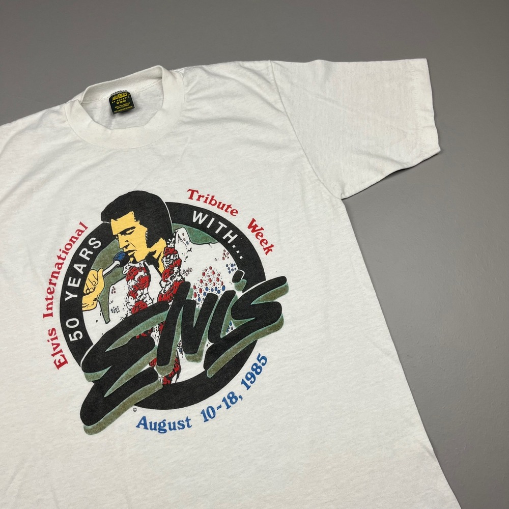 Jerzees T-Shirt Mens Medium White 1985 Elvis Tribute Week Vintage 50/50 USA Made